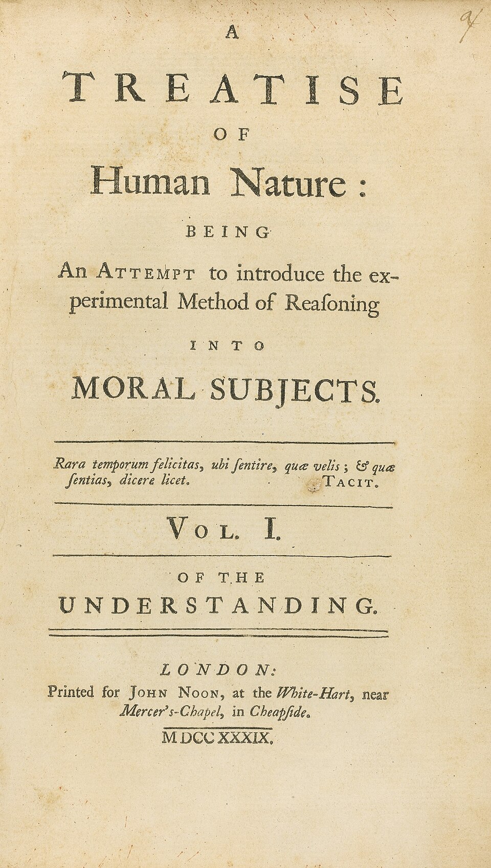 A Treatise of Human Nature, 1739 first edition title page