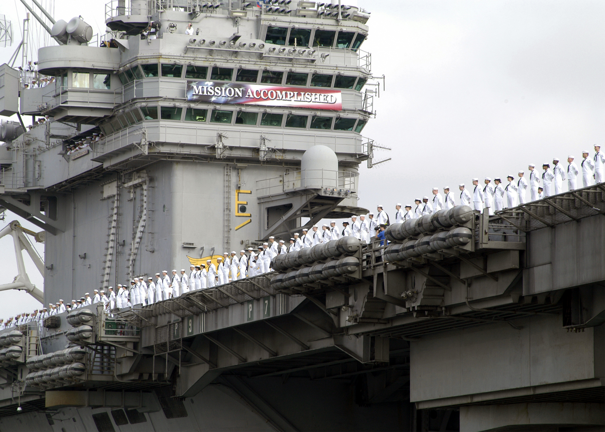 Mission Accomplished banner on USS Abraham Lincoln