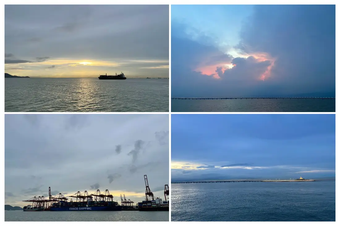 大湾区一号海上日落与港珠澳大桥