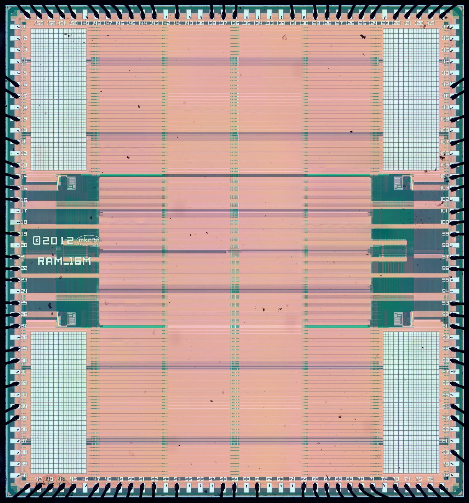 High-resolution micrograph of the die surface of a decapped Mikron 16Mbit SRAM chip